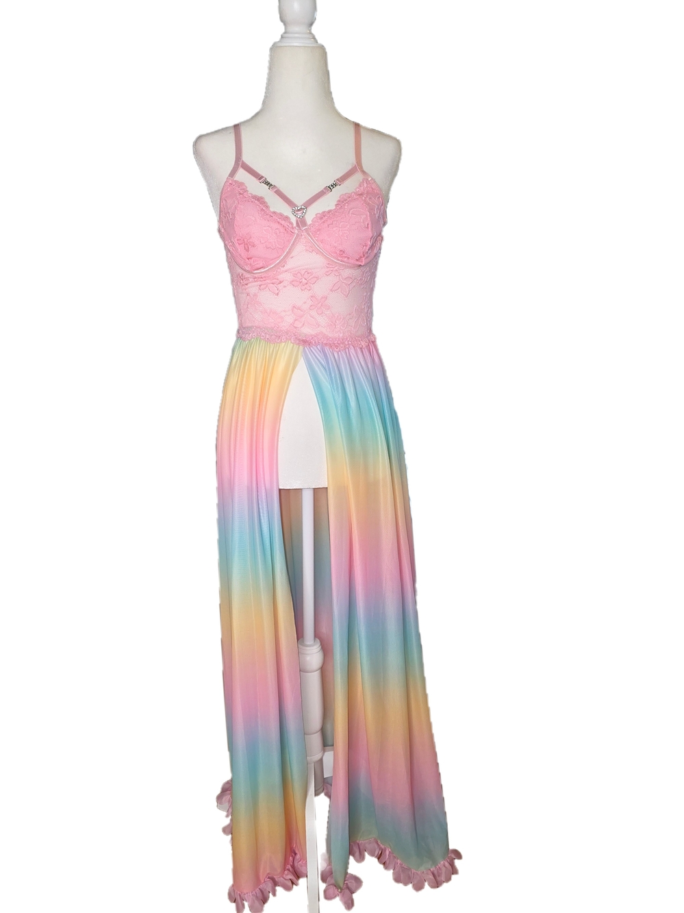 🌈 Pastel Rainbow Lace Fairy Maxi Dress / Lingerie Gown Sz S
